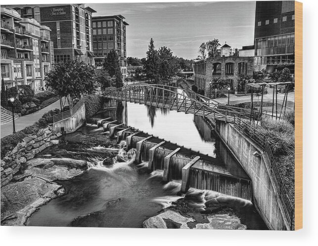 Downtown Greenville Wood Print featuring the photograph Reedy River In Downtown Greenville SC Black And White by Carol Montoya