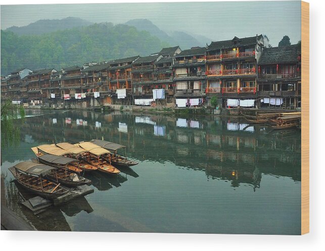 Tranquility Wood Print featuring the photograph Reflections At Fenghuang Ancient Town by Missgeok