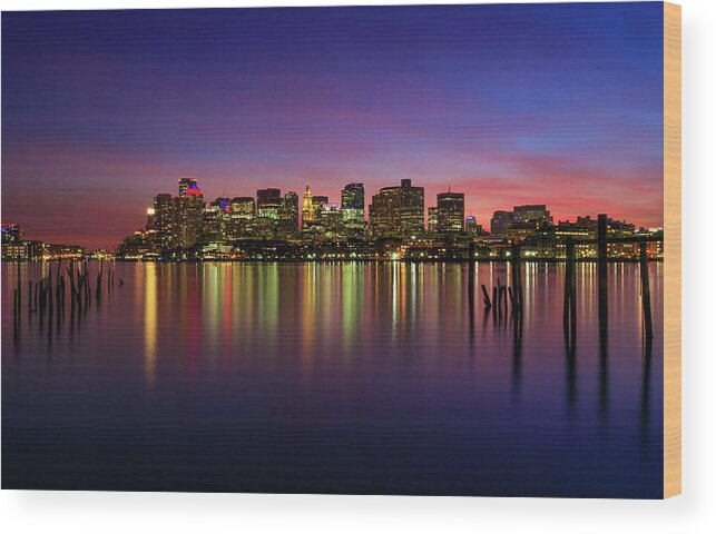 Boston; City; Cityscape; Color; Colorful; Sunset; Lo Presti Park; Posts; Old; Skyscrapers; Custom House; Long Exposure; Calm; Winter; Lights; Reflections; Harbor; Historic; Beantown; Massachusetts; New England; Rob Davies; Photography Wood Print featuring the photograph Reflections of Boston II by Rob Davies