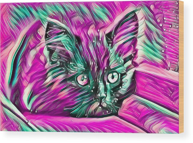 Purple Wood Print featuring the digital art Resting Kitten Abstract Purple by Don Northup