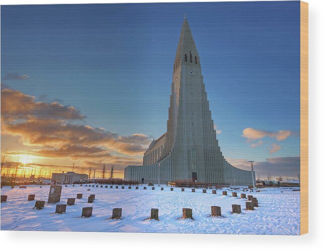 Snow Wood Print featuring the photograph Reykjavik Hallgrimskirkja by Traumlichtfabrik