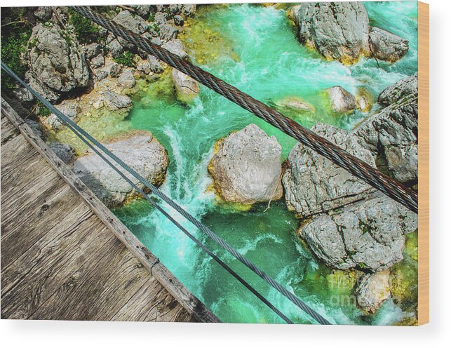 River Wood Print featuring the photograph River Crossing Foot Bridge Look Down Soca Isonzo River by Luca Lorenzelli