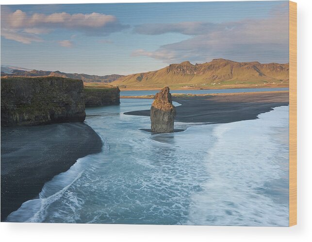Scenics Wood Print featuring the photograph Rock-stack And Bay, Dyrholaey, Vik by Peter Adams