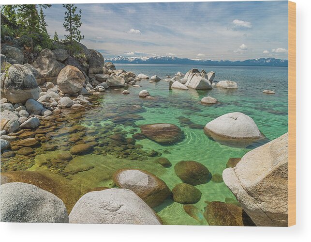Tranquility Wood Print featuring the photograph Rocks At Edge Of Lake, Lake Tahoe, Usa by Stuart Dee