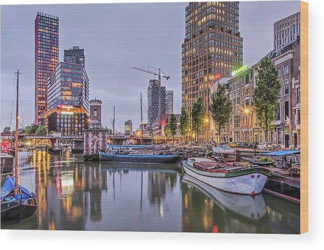 Apartment Wood Print featuring the photograph Rotterdam Wijnhaven in the blue hour by Frans Blok