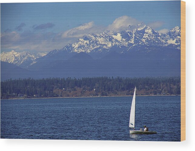 Lake Wood Print featuring the photograph Sailboat on Puget Sound with Olympic mountains by Steve Estvanik