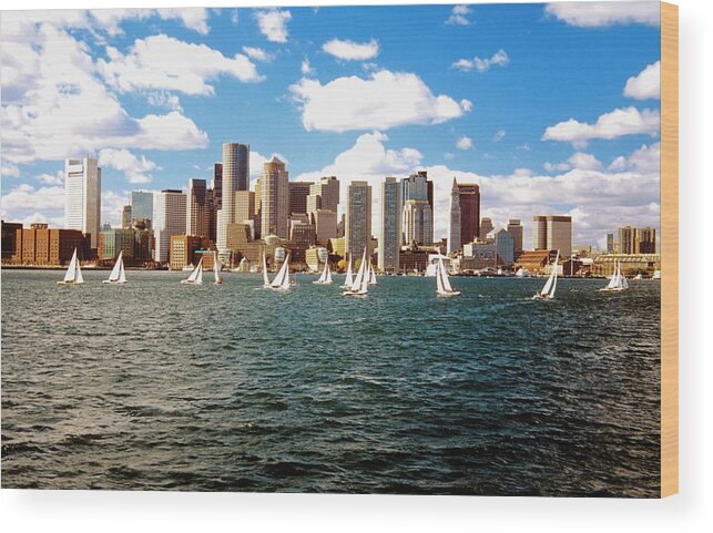 Sailboat Wood Print featuring the photograph Sailboats In Boston Harbor In Front Of by Medioimages/photodisc