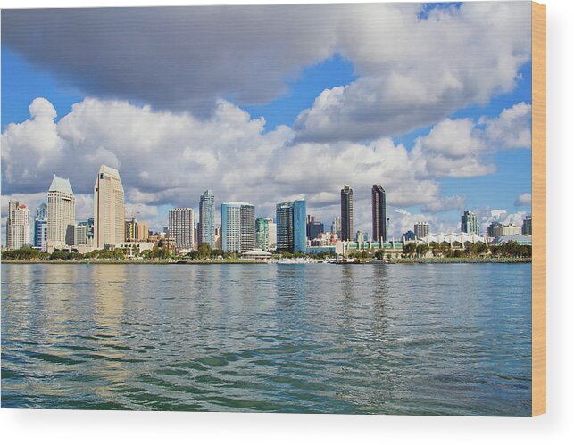 Tranquility Wood Print featuring the photograph San Diego Skyline From The Water by Raquel Lonas