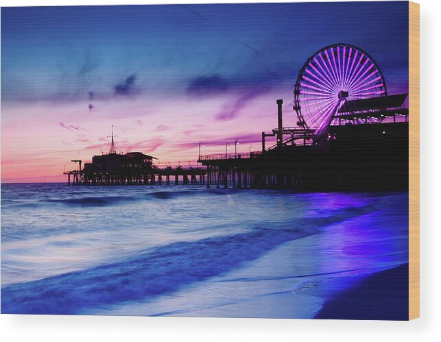 Commercial Dock Wood Print featuring the photograph Santa Monica Pier With Ferris Wheel by Pawel.gaul