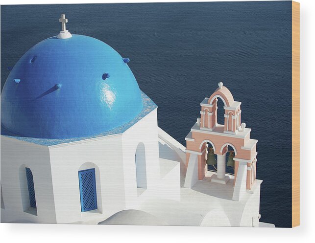 Greece Wood Print featuring the photograph Santorini Blue Church Dome And Pink by Peskymonkey