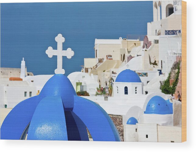 Curve Wood Print featuring the photograph Santorini Churches And White Cross by Arturbo