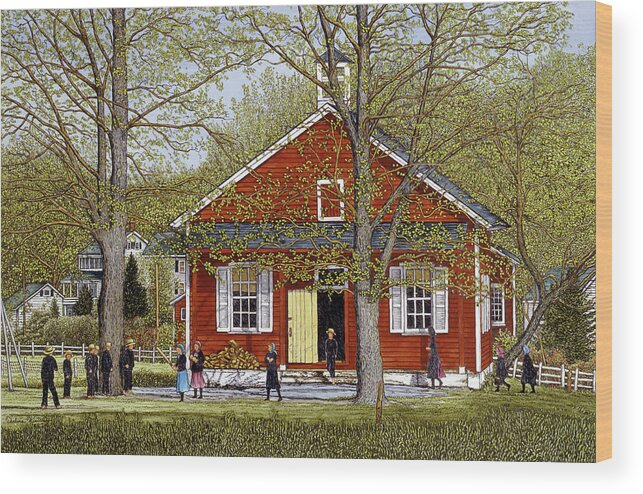 Little School House With Children Playing In Front Of It Wood Print featuring the mixed media School Days by Thelma Winter