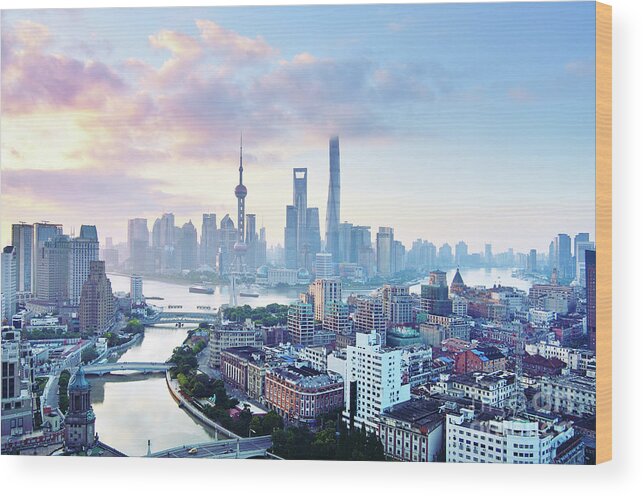 Scenics Wood Print featuring the photograph Shanghai Skyline In Blue Sky At Morning by Zorazhuang