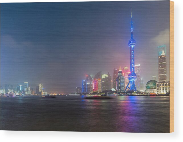 Landscape Wood Print featuring the photograph Shanghai Urban Skyline At Night by Prasit Rodphan