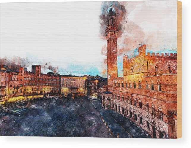 Siena Wood Print featuring the painting Siena, Piazza del Campo - 05 by AM FineArtPrints