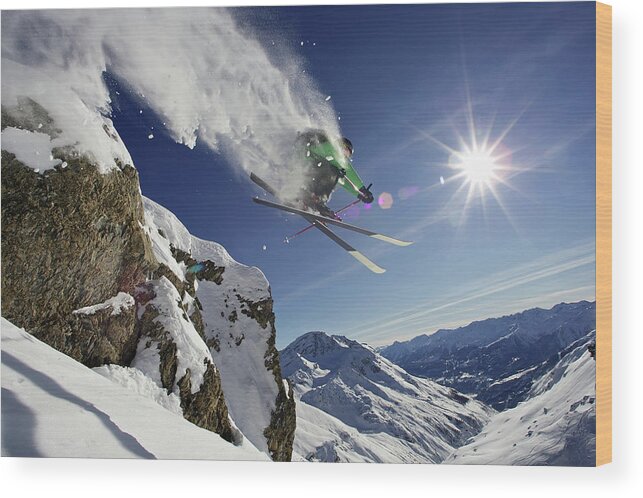 Young Men Wood Print featuring the photograph Skier In Midair On Snowy Mountain by Michael Truelove