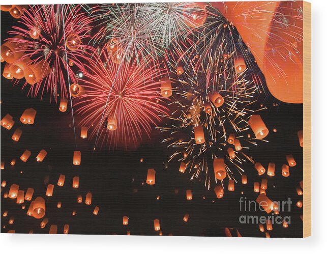 Wind Wood Print featuring the photograph Sky Lanterns With Fireworks by Tanachot