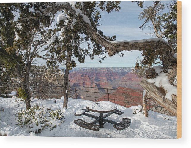 Scenic Overlook Wood Print featuring the photograph Snowy Picnic Table On Grand Canyon South Rim Scenic Drive by Cavan Images