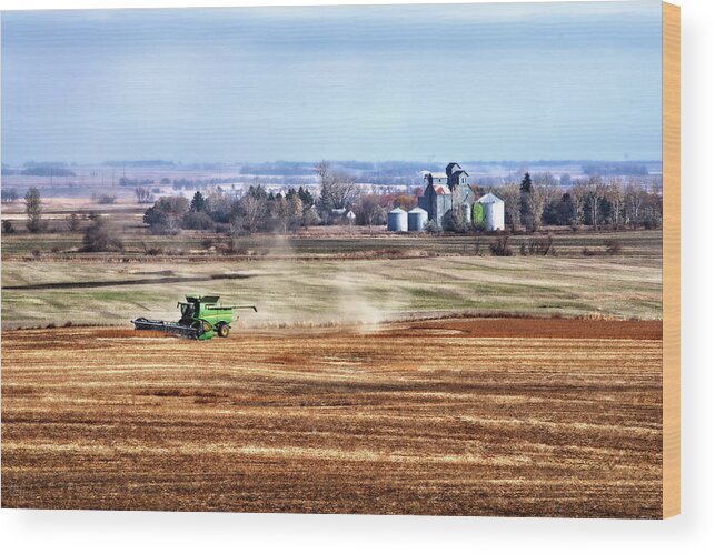 Soybean Harvest John Deere Combine Agriculture Brinsmade Nd Ghost Town Farming Americana Rural Wood Print featuring the photograph Soybean Harvest - Brinsmade ND by Peter Herman