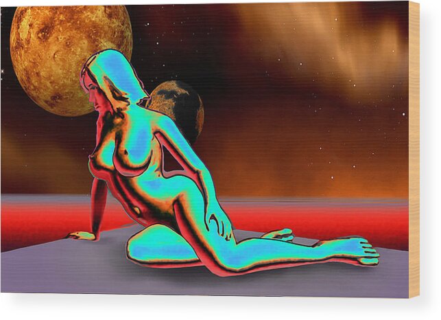 Female Goddess Nudes Paintings Figures Figurative ‎art‬‬ ‎fineart ‎painting‬ Prints ‬#‎grlfineart Orange Blue Violate Wood Print featuring the digital art Space Fantasy Goddess Pose2ab Alienmap3 Multimedia Digital Artwork by G Linsenmayer