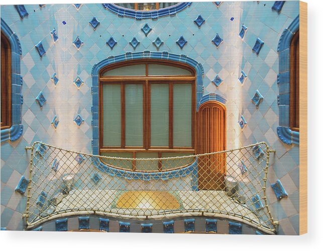 Estock Wood Print featuring the digital art Spain, Catalonia, Barcelona, Casa Batllo, The Interior Stairway by Jordan Banks