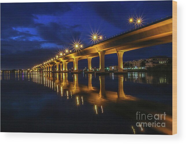 Bridge Wood Print featuring the photograph Sparkling Bridge Lights by Tom Claud