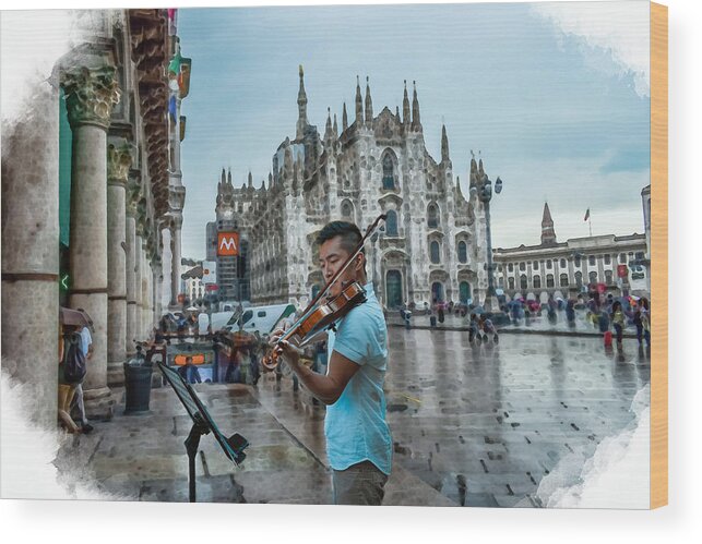 Street Music Wood Print featuring the mixed media Street Music. Violin. by Alex Mir