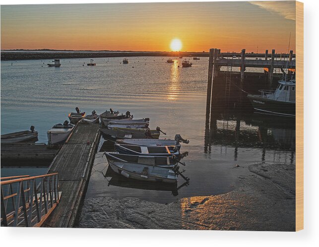 Plymouth Wood Print featuring the photograph Sunrise in Plymouth MA dock pier boats Golden Sun by Toby McGuire