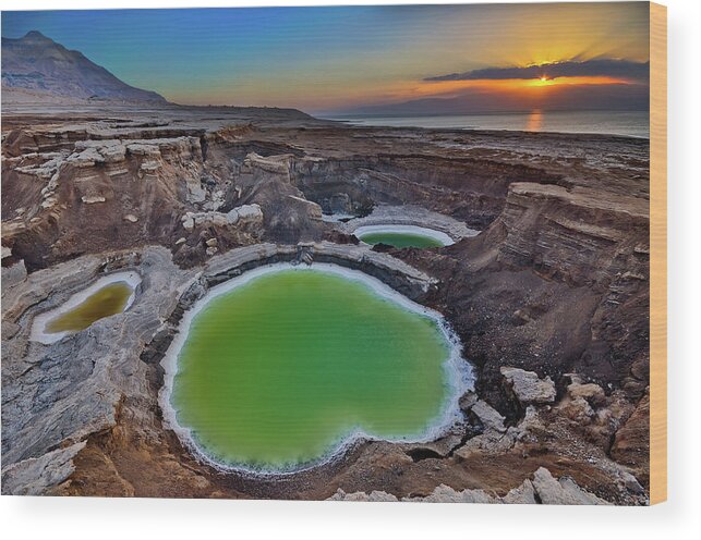 Scenics Wood Print featuring the photograph Sunrise Over Three Sinkholes On Dead Sea by Ilan Shacham