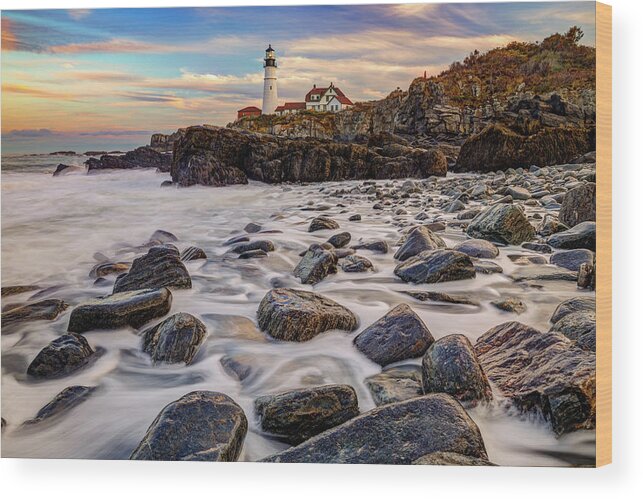 Portland Maine Wood Print featuring the photograph Sunset Along the Shoreline at the Portland Maine Lighthouse by Gregory Ballos