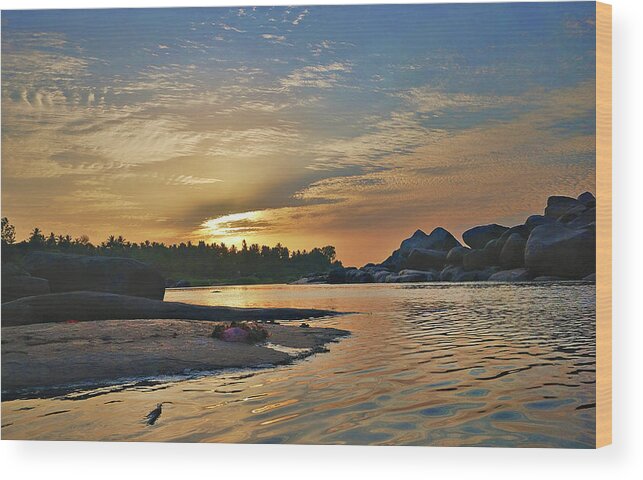 Tranquility Wood Print featuring the photograph Sunset On Banks Of River Tungabhadra by Mukul Banerjee Photography