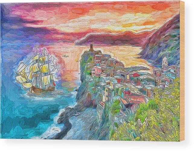 Paint Wood Print featuring the painting Sunset on italian coast by Nenad Vasic