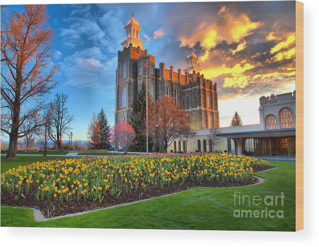 Logan Temple Wood Print featuring the photograph Sunset Over The Logan Utah Temple by Adam Jewell