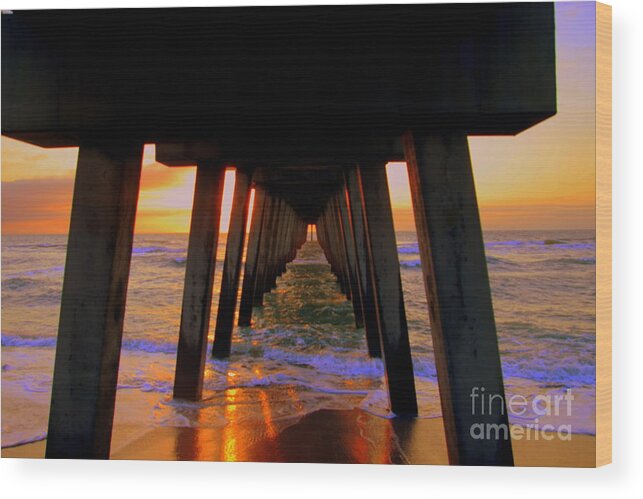 Venice Florida Wood Print featuring the photograph sunset under the Venice Pier by Lennie Malvone