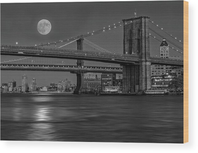 Nyc Skyline Wood Print featuring the photograph Super Moon Over Manhattan and Brooklyn Bridges NYC BW by Susan Candelario