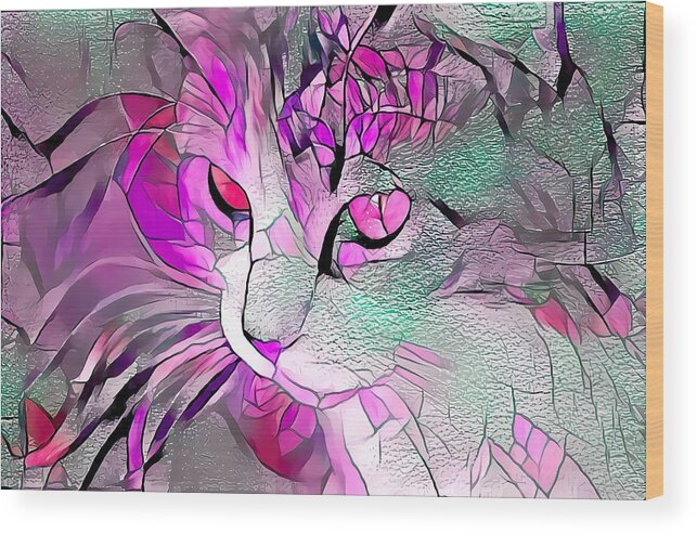 Glass Wood Print featuring the digital art Super Stained Glass Kitten Pink by Don Northup