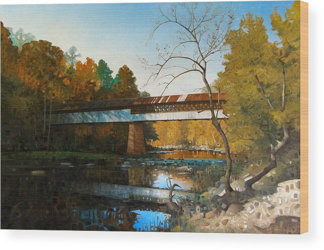 Covered Bridge American Landscape Autumn River Bridges Fine Art Oil Painting Wood Print featuring the painting Swann Covered Bridge In Early Autumn by T S Carson