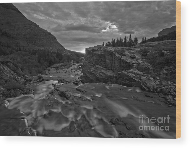 Swiftcurrent Falls Wood Print featuring the photograph Swiftcurrent Falls Sunrise Burst Black And White by Adam Jewell