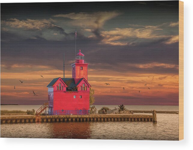 Art Wood Print featuring the photograph The Big Red Lighthouse at Sunset on Lake Michigan by Ottawa Beac by Randall Nyhof