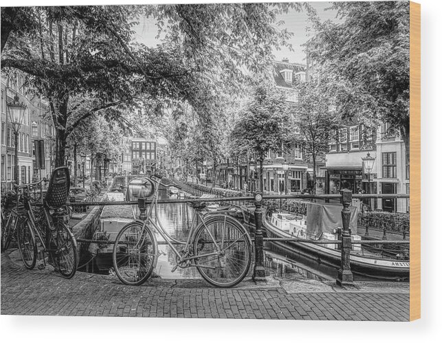 Boats Wood Print featuring the photograph The Black Bike in Amsterdam by Debra and Dave Vanderlaan