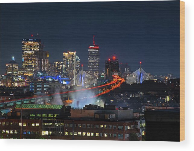Boston Wood Print featuring the photograph The Boston Skyline lit up in Red Sox Colors Game 1 World Series 2018 by Toby McGuire