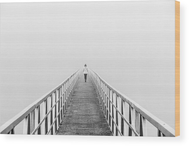 Mist Wood Print featuring the photograph The Bridge And The Woman Dissolving In The Mist by Adolfo Urrutia