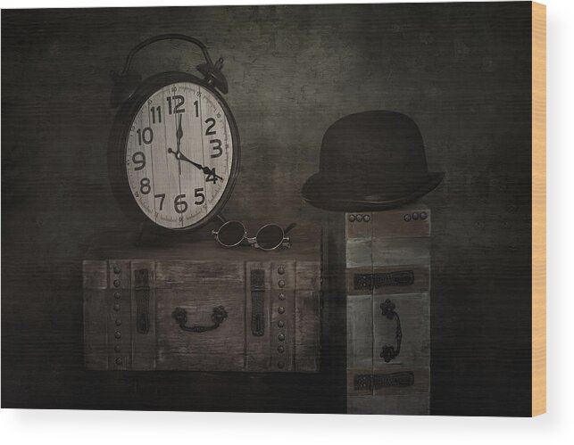 Suitcase
Suitcases
Clock
Glasses
Steam-punk
Green Wood Print featuring the photograph The Curious Case Of The Clock by Cicek Kiral