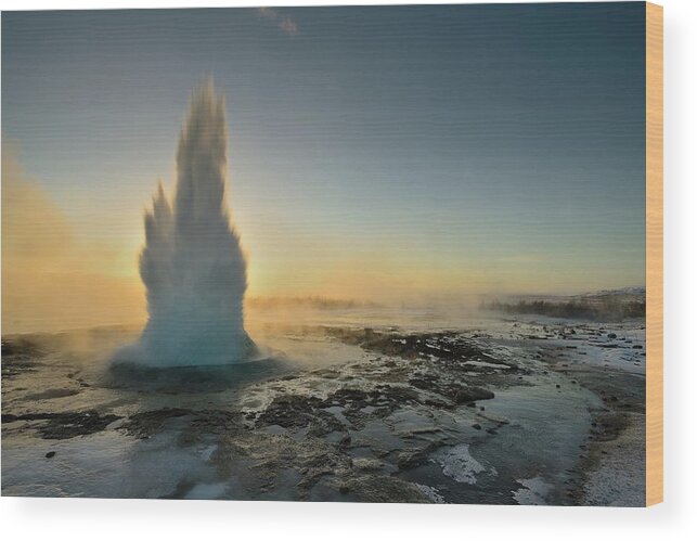 Dawn Wood Print featuring the photograph The Geyser Strokkur Iceland In The by Andreas Jones