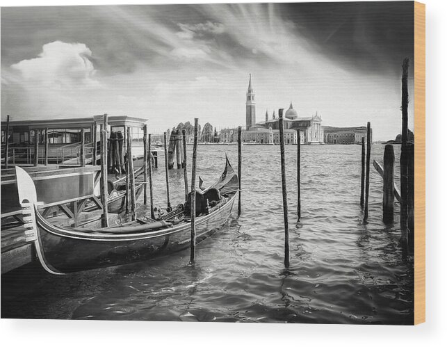 Venice Wood Print featuring the photograph The Gondola Stop Venice Italy Black and White by Carol Japp