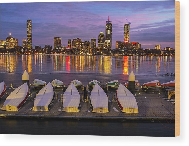 Boston Wood Print featuring the photograph The Pru Lit Up for the New England Patriots Charles River Boats by Toby McGuire