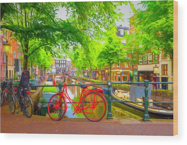 Boats Wood Print featuring the photograph The Red Bike in Amsterdam Painting by Debra and Dave Vanderlaan