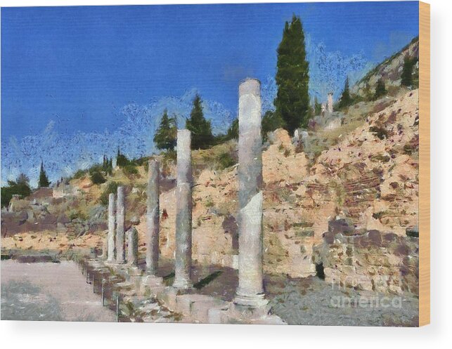 Delfi; Delphi; Delfoi; Delphoi; Monument; Monuments; Navel; Earth; Apollo; Apollon; God; Greece; Hellas; Greek; Hellenic; Europe; European; Temple; Pillar; Pillars; Roman; Market; Agora; Ancient; Antiquity; Antiquities; Archaeological; Site; Holidays; Vacation; Travel; Trip; Voyage; Journey; Tourism; Touristic; Summer; Summertime; Pythia Wood Print featuring the painting The Roman Market in Delphi by George Atsametakis