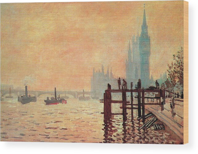 Sunset Wood Print featuring the painting The Thames and Westminster by Claude Monet