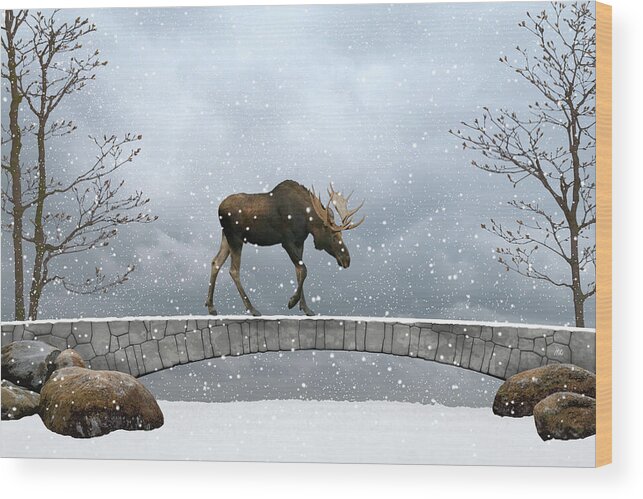 Moose Walking Wood Print featuring the digital art The winter guest by Moira Risen